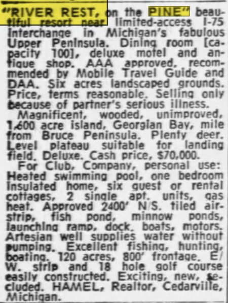 River Rest on the Pine - July 1965 For Sale (newer photo)